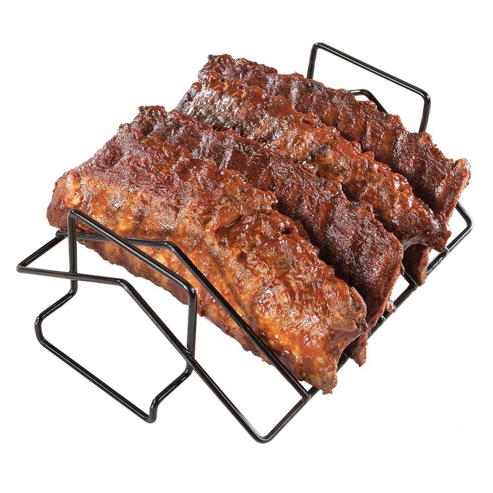 Black metal rib rack with 5 slots, holding roasted ribs