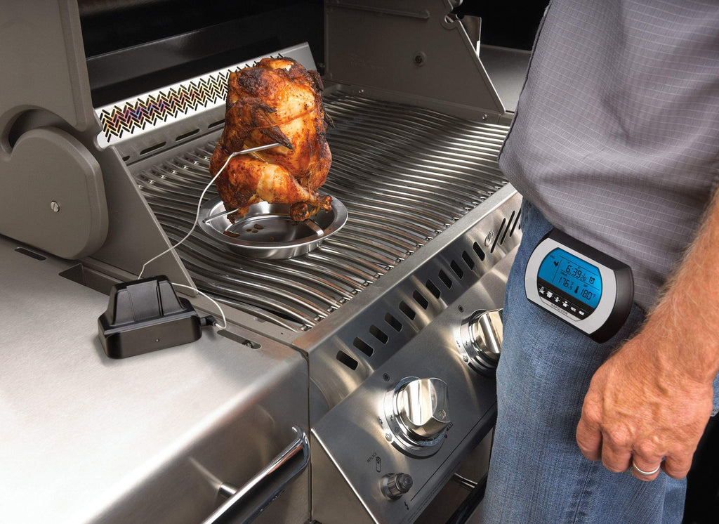 Wireless digital thermometer with blue screen on grill control area