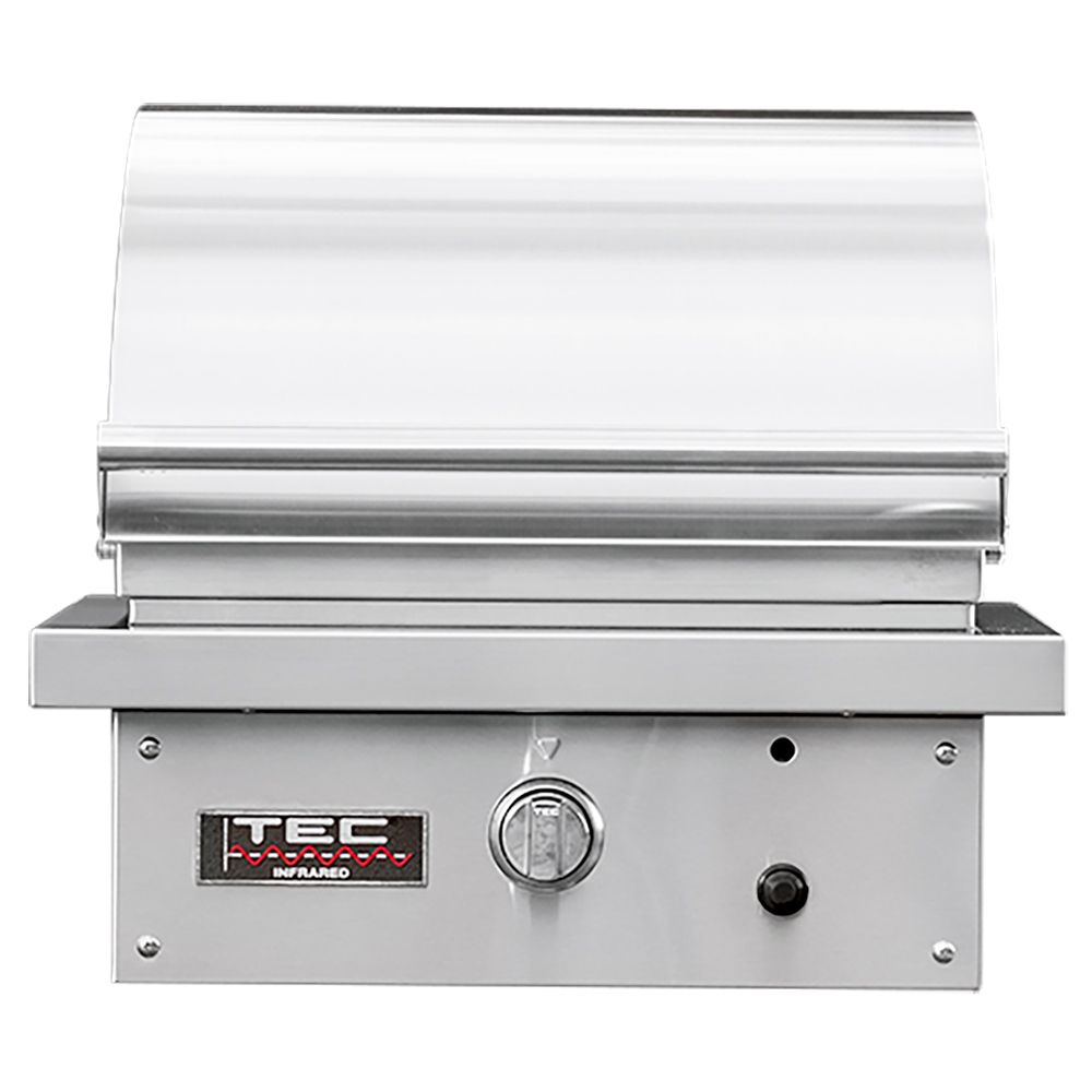 Stainless steel built-in infrared gas grill with open lid and control knobs