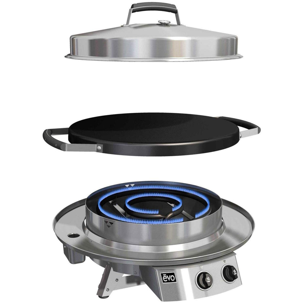 Tabletop gas grill with black cooking surface; lid off showing burner and blue flame