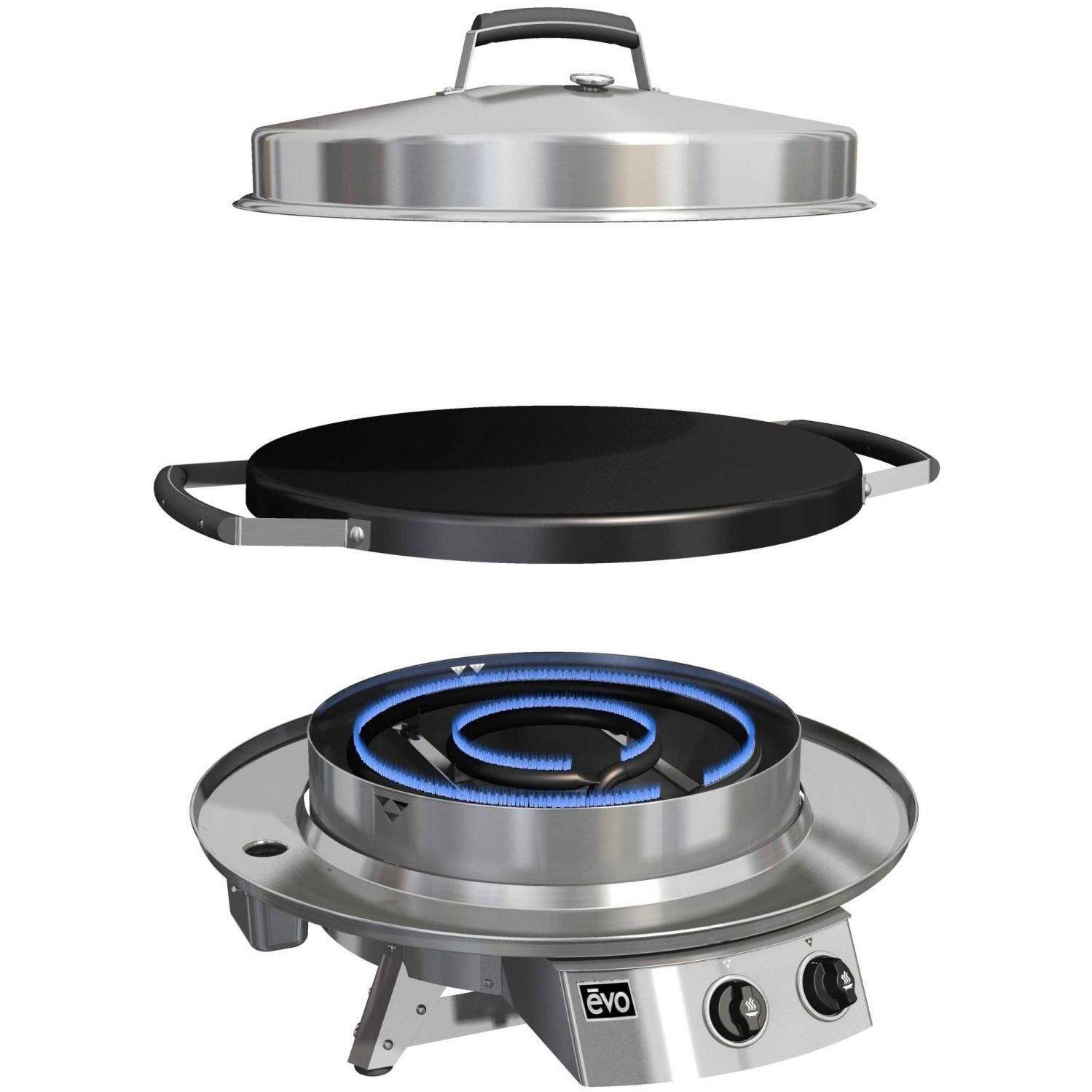 Tabletop gas grill with black cooking surface; lid off showing burner and blue flame