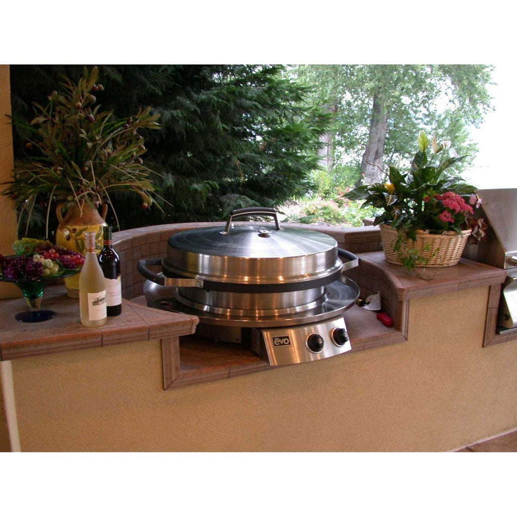 Tabletop gas grill with stainless lid and black cooking surface; two front knobs