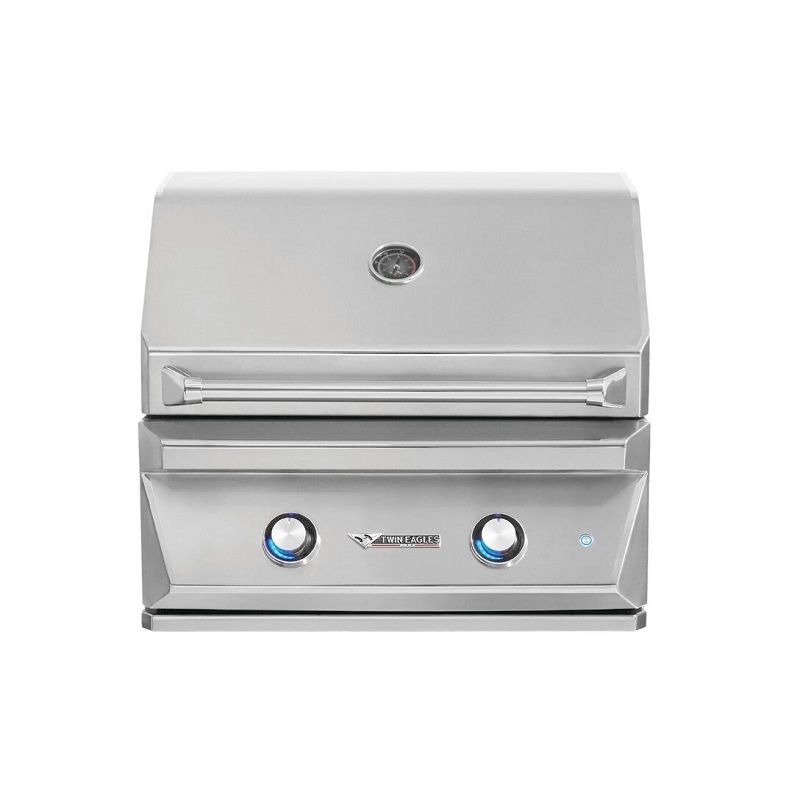 Built-in gas grill with stainless-steel hood, two control knobs, and front panel