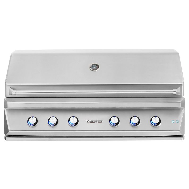 Stainless steel built-in gas grill with six control knobs and side handles