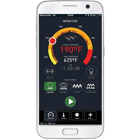 Pellet smoker grill app monitor screen with temperature and time controls