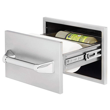 Wall-mounted paper towel holder in chrome with paper towel roll inside