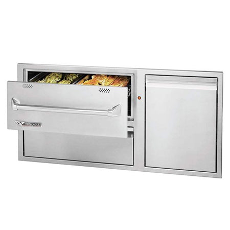 Stainless steel warming drawer combo with open compartment and warm food inside.