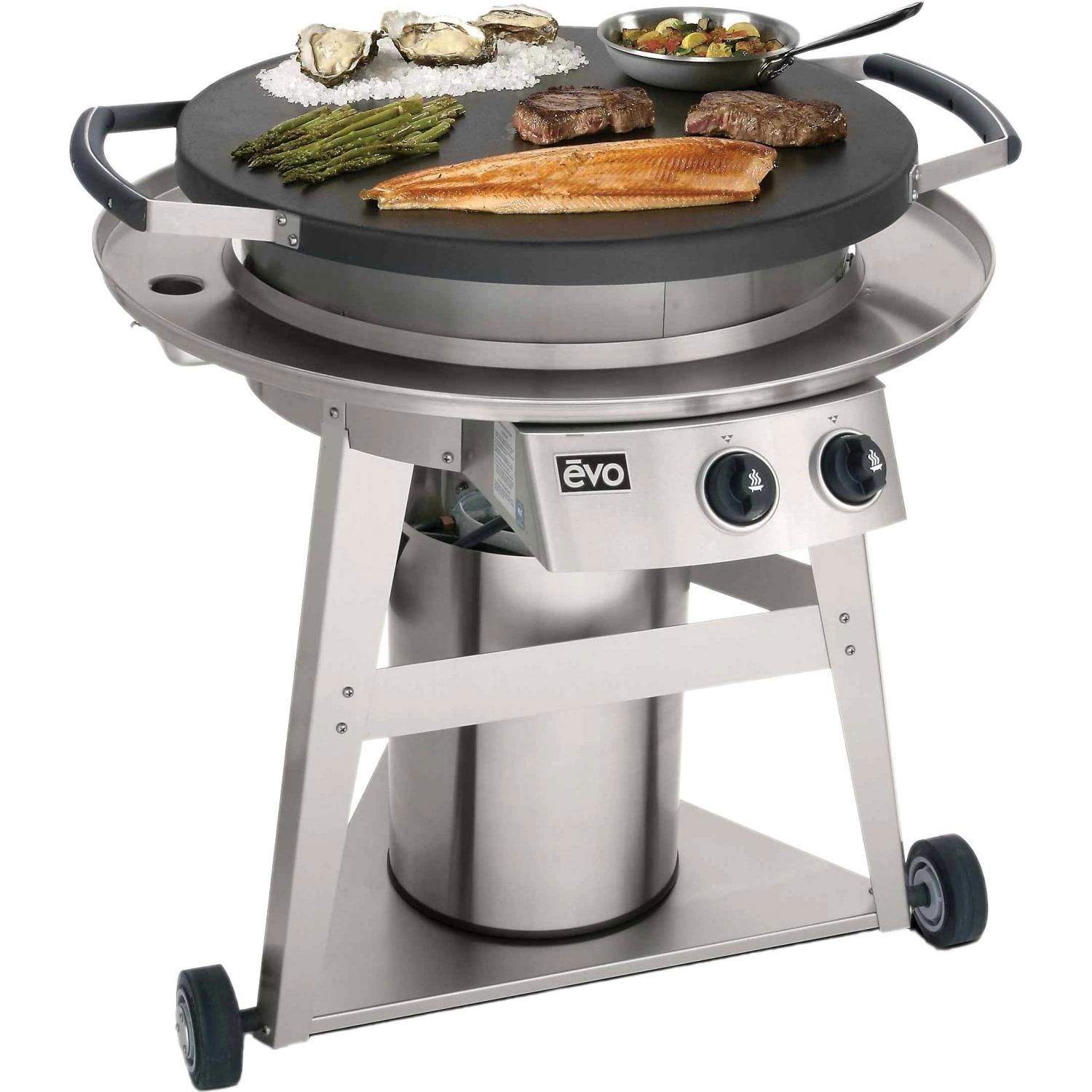 Gas grill on cart with open lid and cooking surface holding assorted food